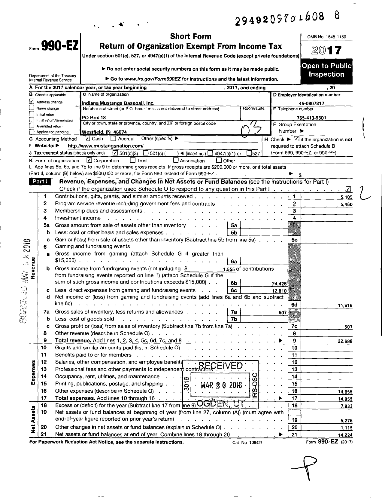 Image of first page of 2017 Form 990EZ for Indiana Mustangs Baseball