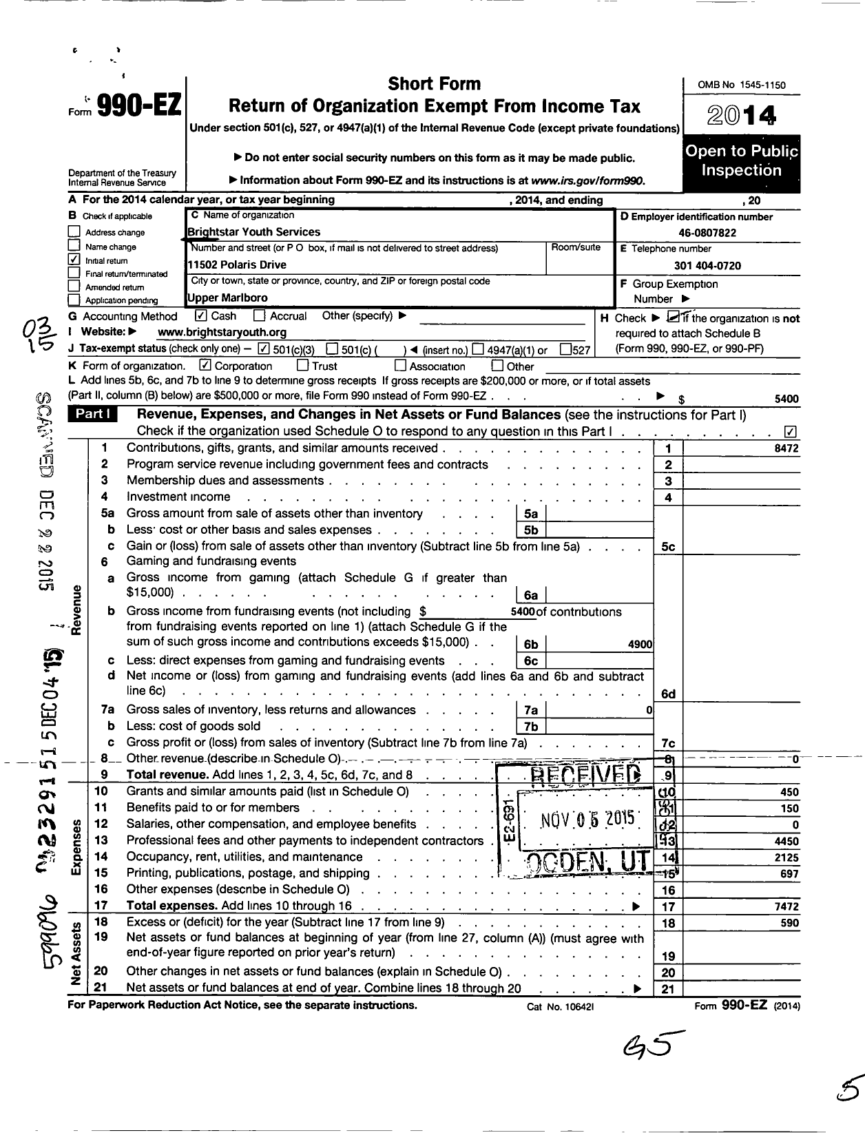 Image of first page of 2014 Form 990EZ for Brightstar Youth Services