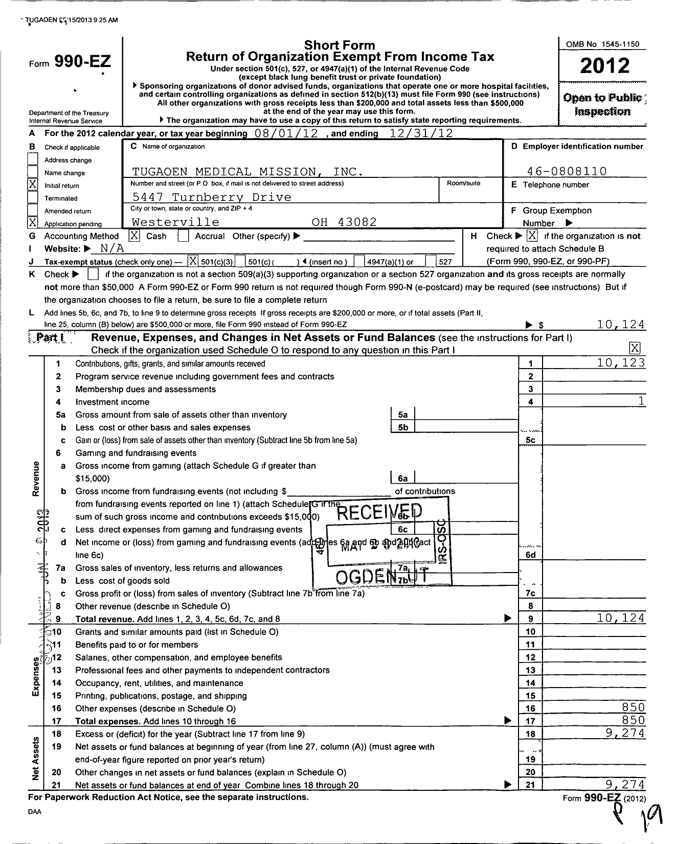 Image of first page of 2012 Form 990EZ for Tugaoen Medical Mission