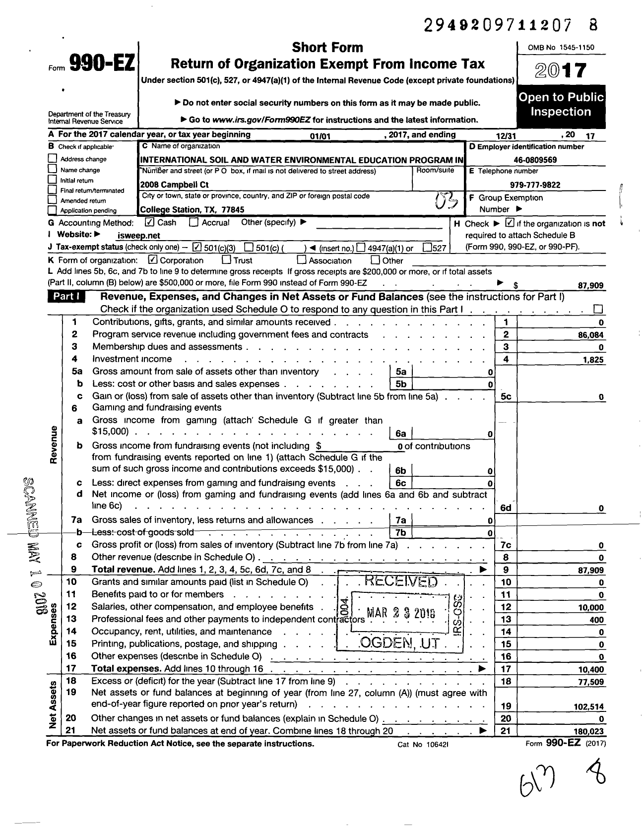 Image of first page of 2017 Form 990EZ for International Soil and Water ENVIRONMENTAL EDUCATION PROGRAM in