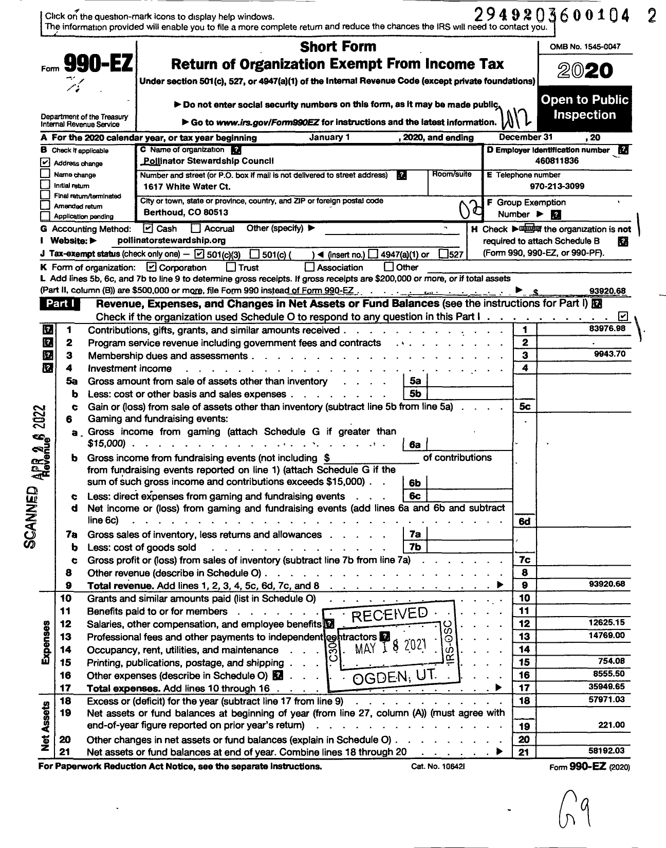 Image of first page of 2020 Form 990EZ for Pollinator Stewardship Council