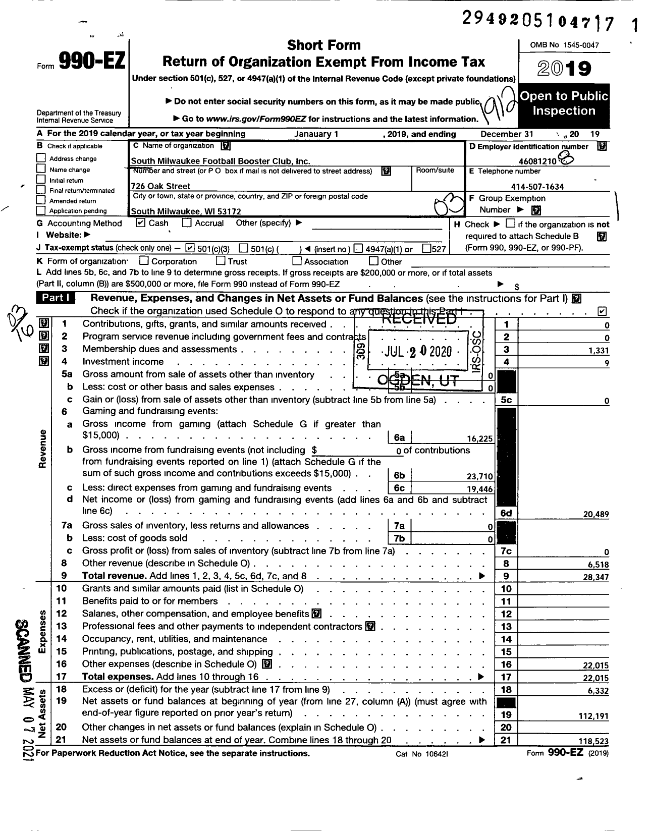 Image of first page of 2019 Form 990EZ for South Milwaukee Football Booster Club