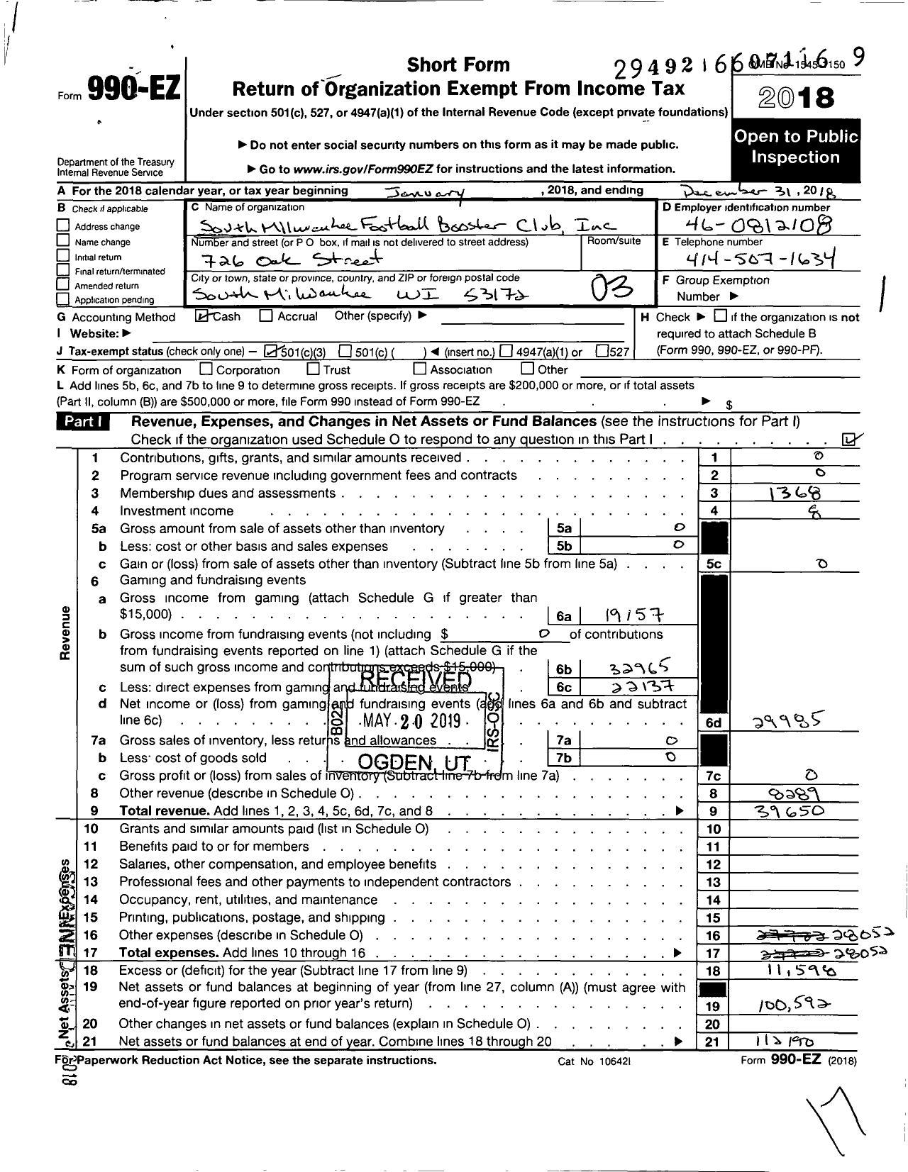 Image of first page of 2018 Form 990EZ for South Milwaukee Football Booster Club