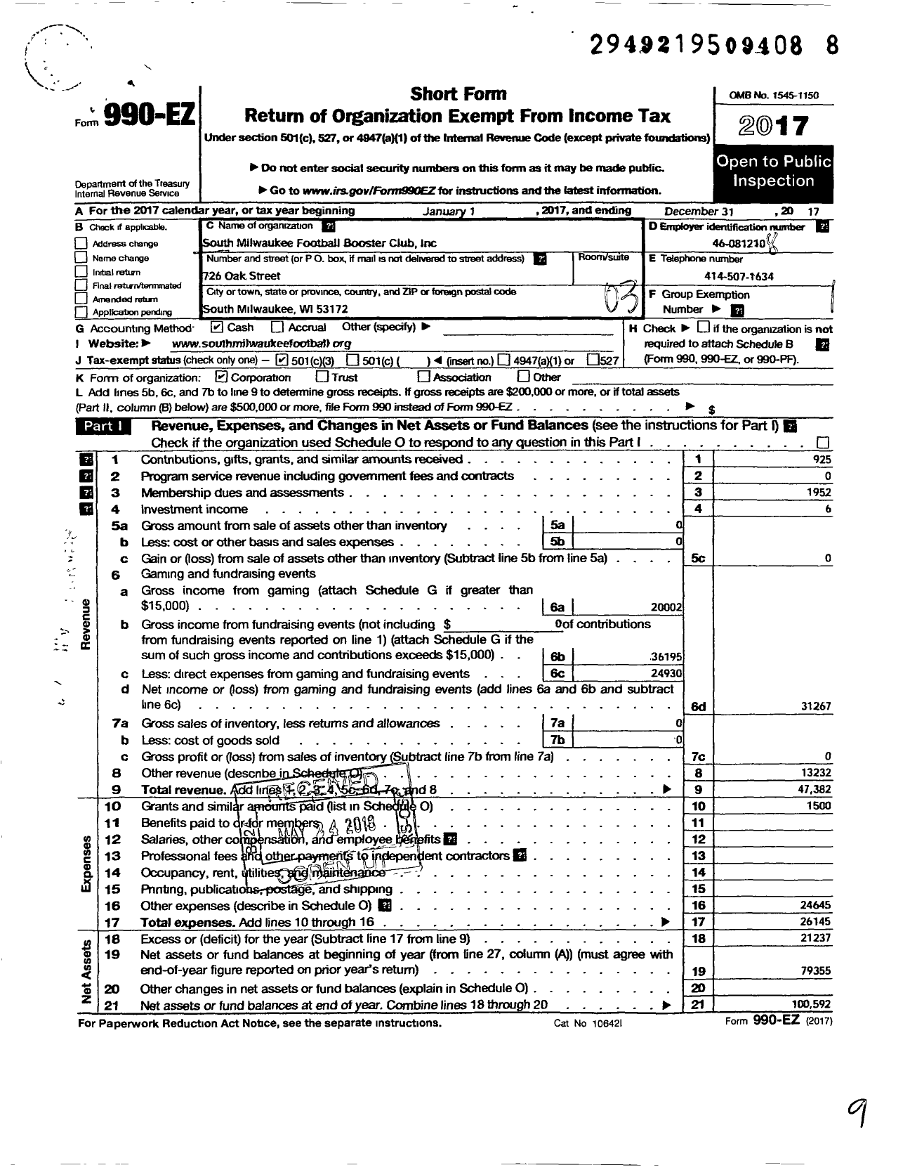 Image of first page of 2017 Form 990EZ for South Milwaukee Football Booster Club