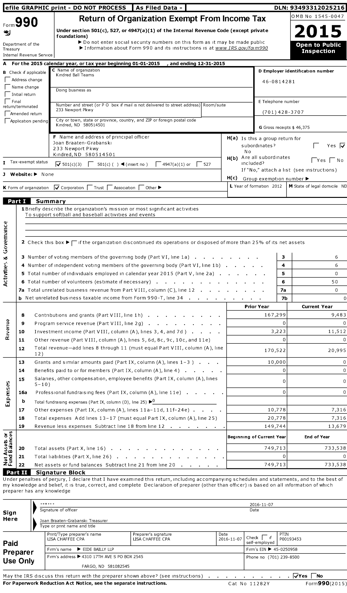 Image of first page of 2015 Form 990 for Kindred Ball Teams