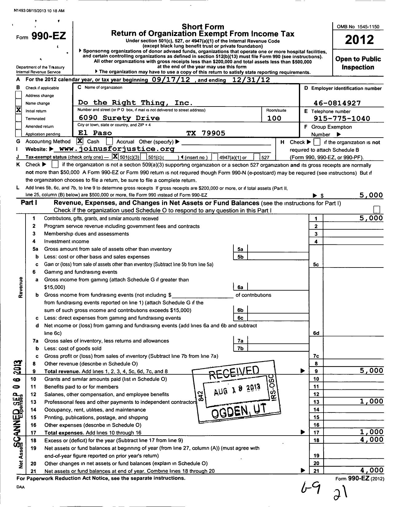 Image of first page of 2012 Form 990EZ for Join Us for Justice