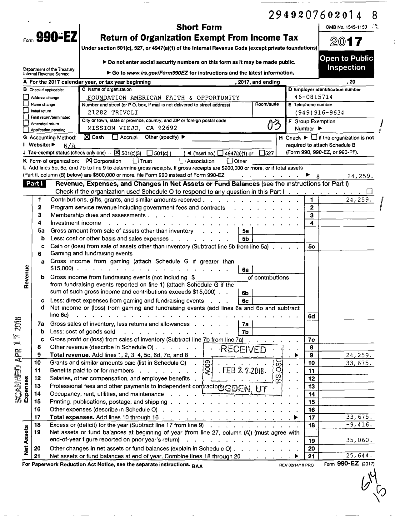 Image of first page of 2017 Form 990EZ for Foundation for American Faith and Opportunity