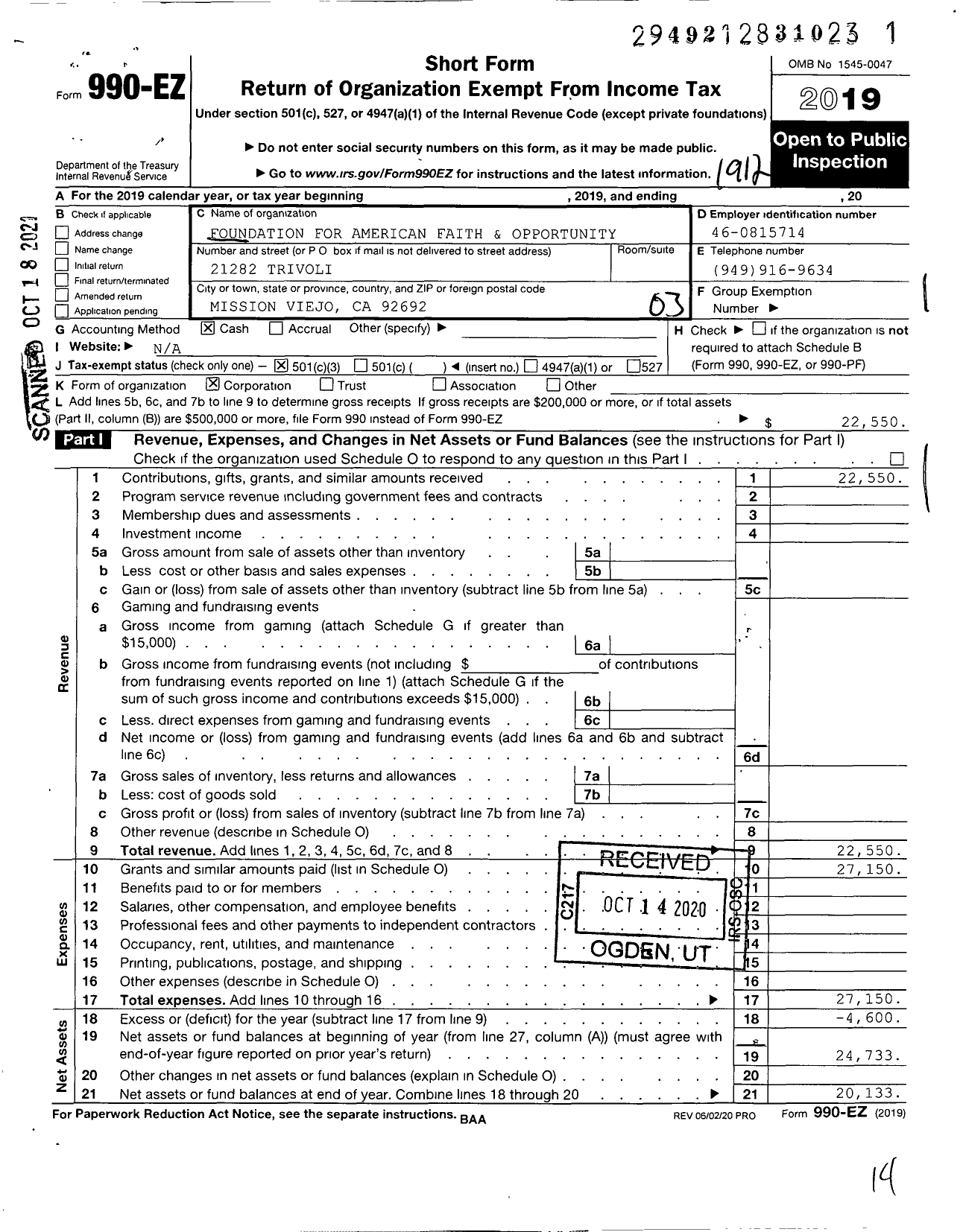 Image of first page of 2019 Form 990EZ for Foundation for American Faith and Opportunity