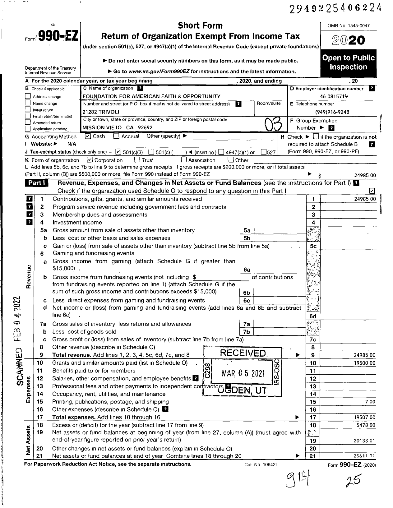 Image of first page of 2020 Form 990EZ for Foundation for American Faith and Opportunity