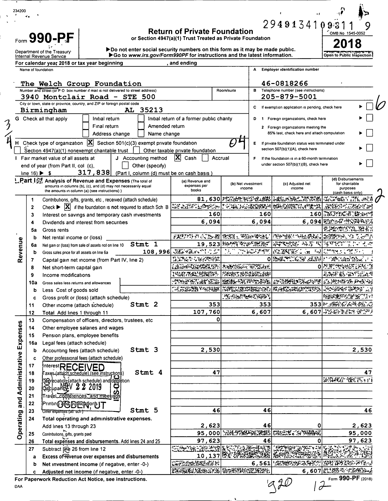 Image of first page of 2018 Form 990PF for The Welch Group Foundation