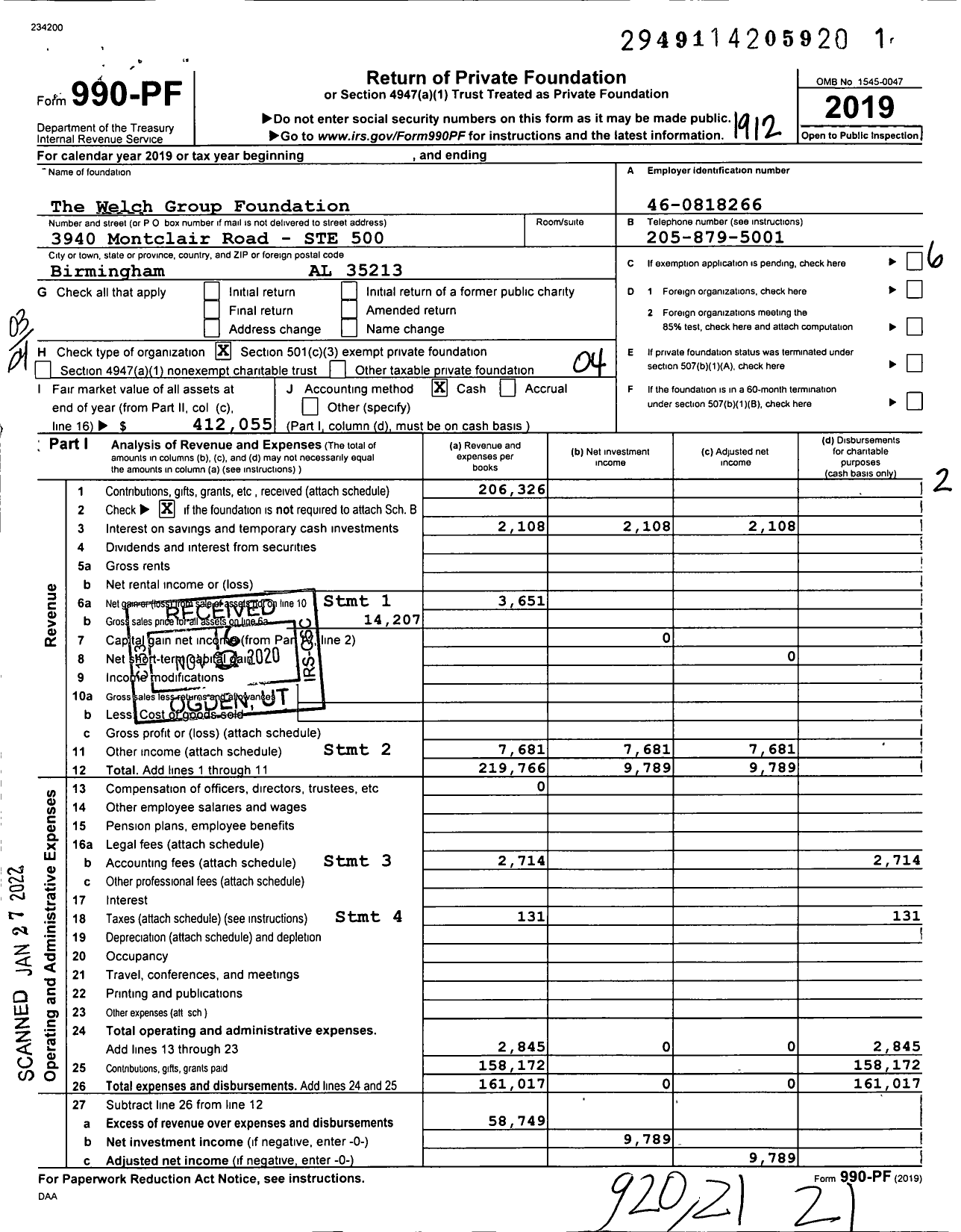 Image of first page of 2019 Form 990PF for The Welch Group Foundation