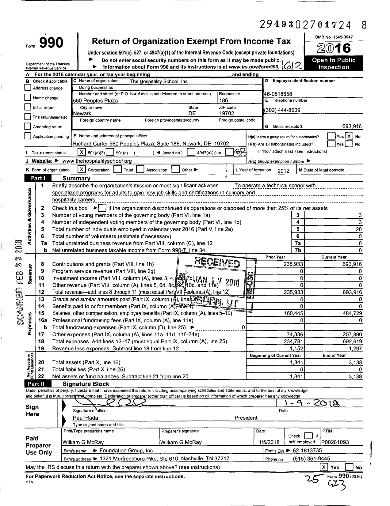 Image of first page of 2016 Form 990 for Humanity's Kitchen