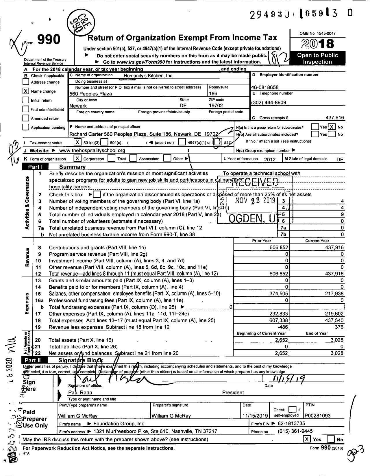 Image of first page of 2018 Form 990 for Humanity's Kitchen