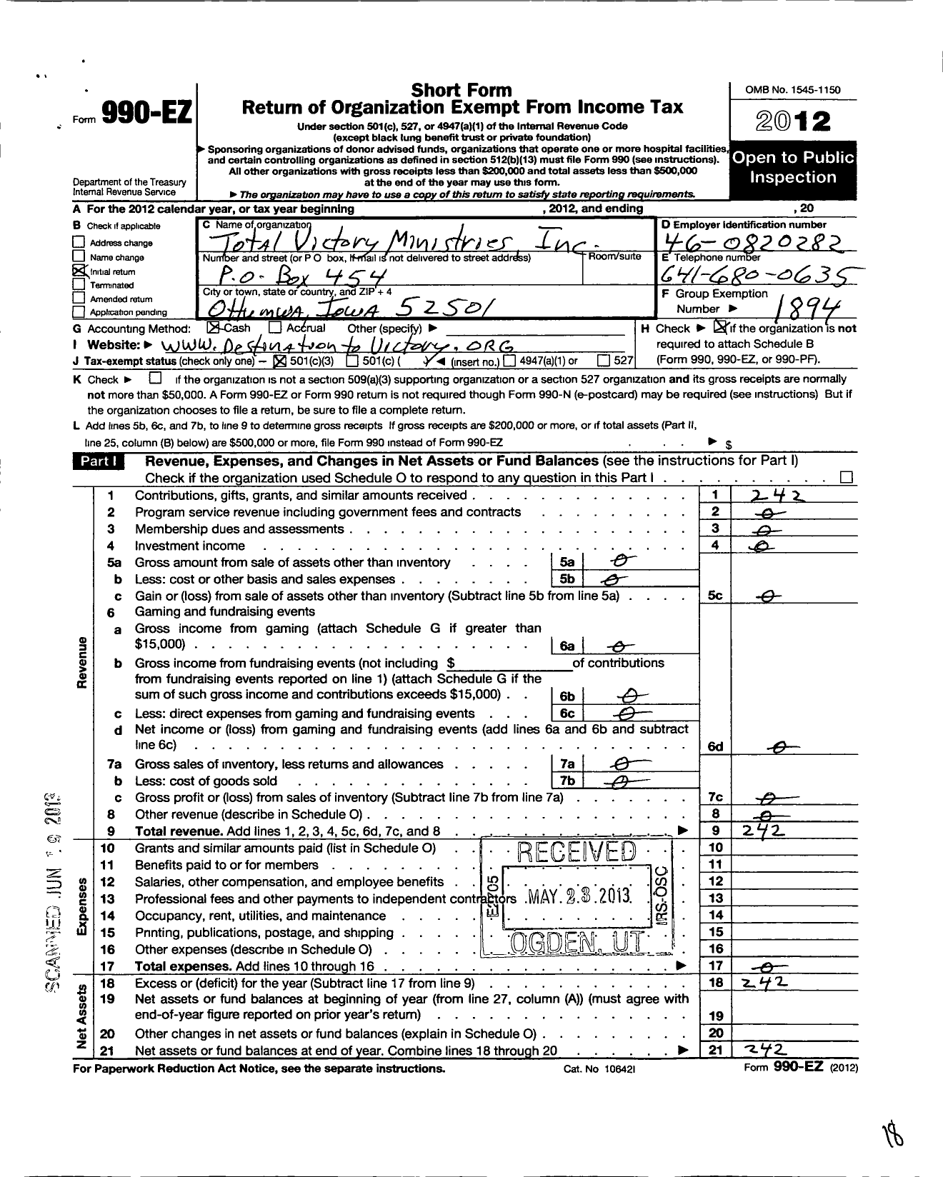 Image of first page of 2012 Form 990EZ for Total Victory Ministries