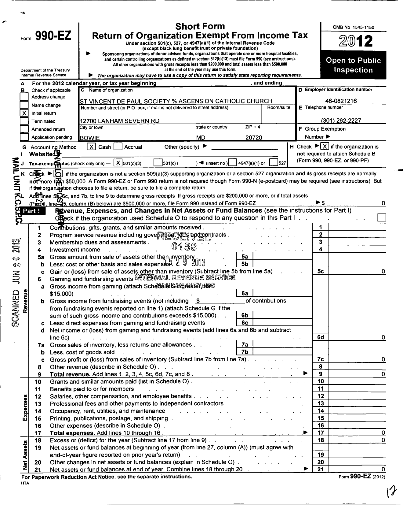 Image of first page of 2012 Form 990EZ for St Vincent de Paul Society