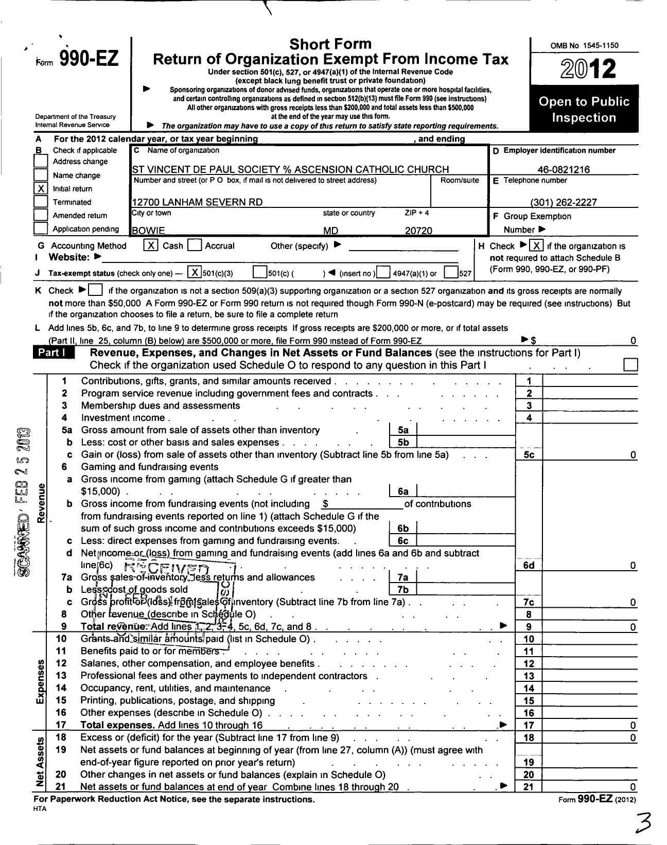 Image of first page of 2012 Form 990EZ for St Vincent de Paul Society