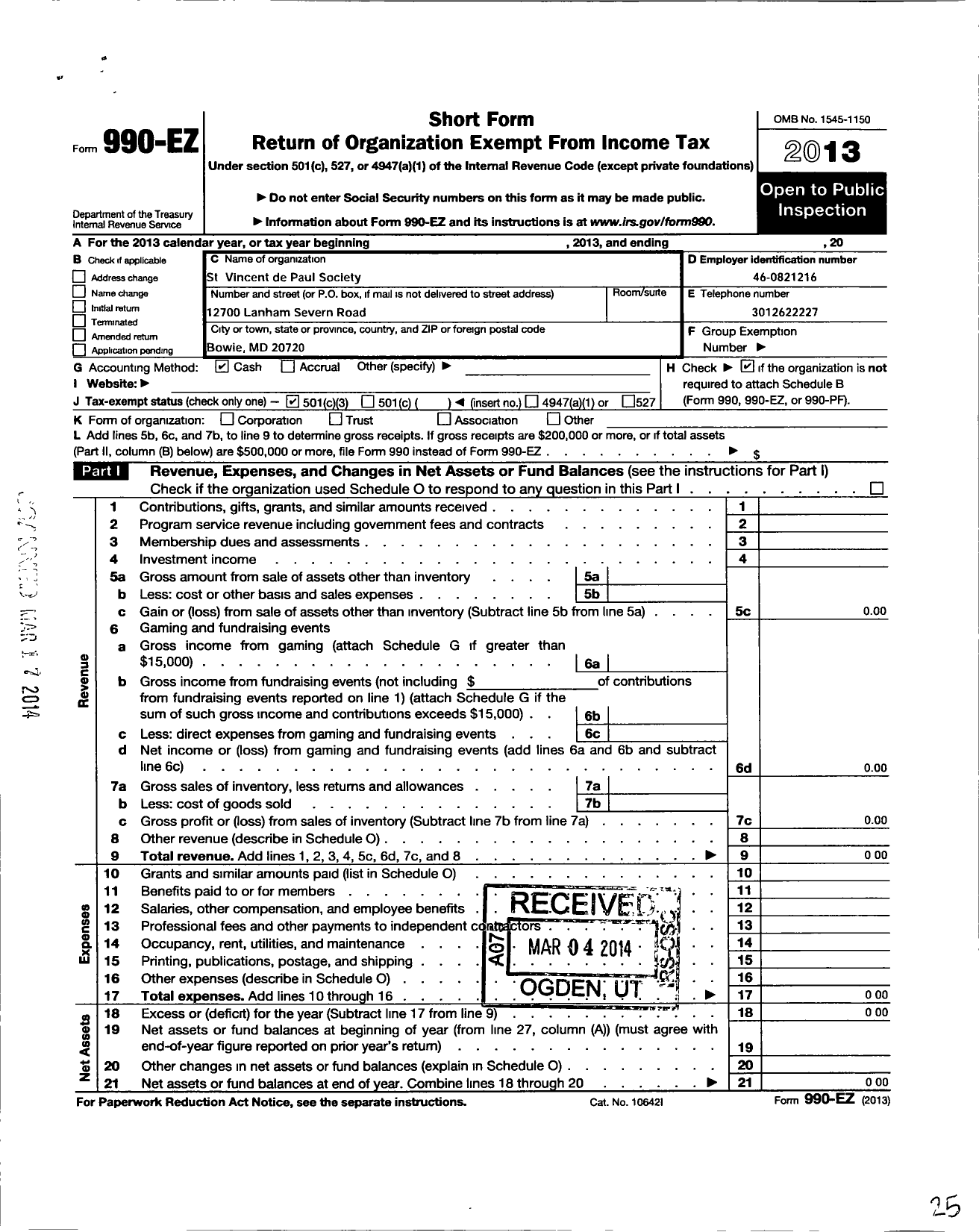 Image of first page of 2013 Form 990EZ for St Vincent de Paul Society