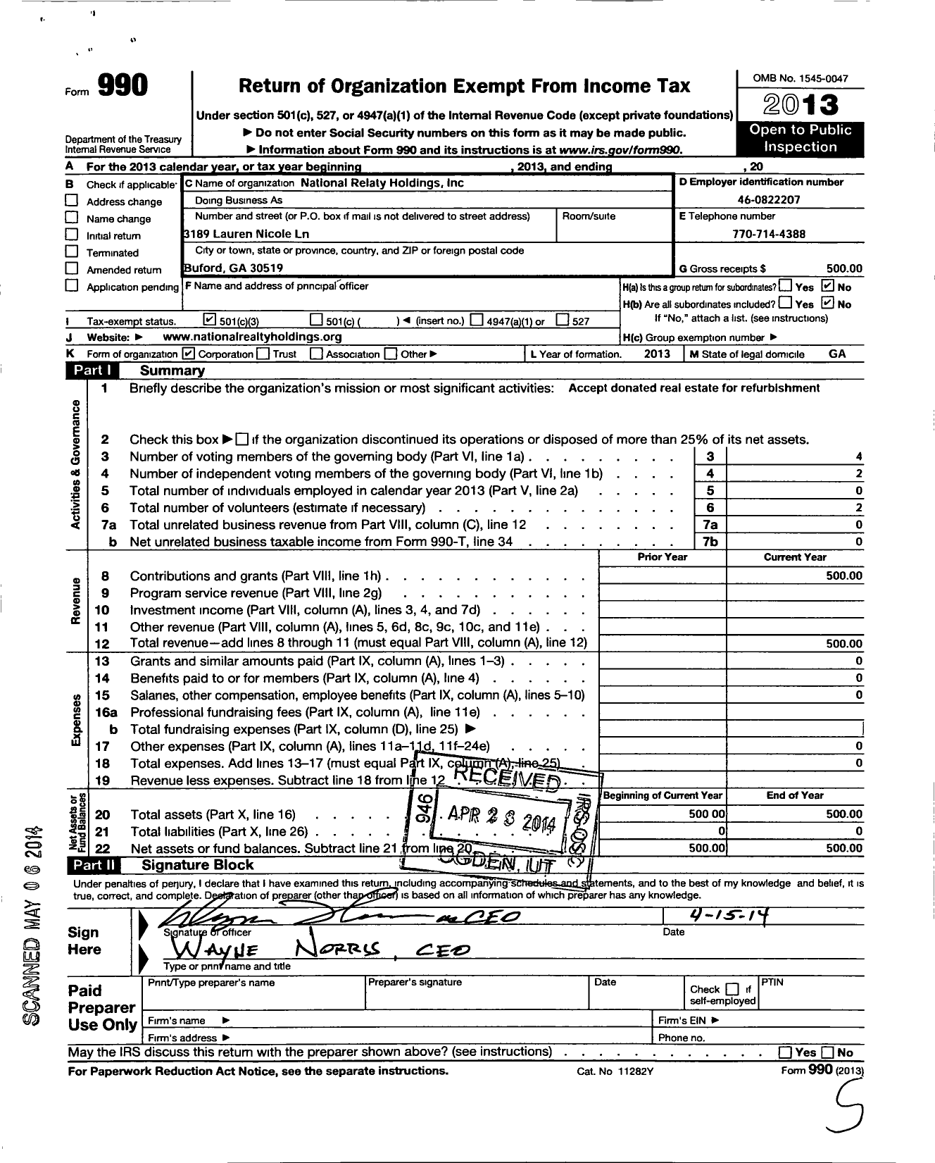 Image of first page of 2013 Form 990 for National Realty Holdings