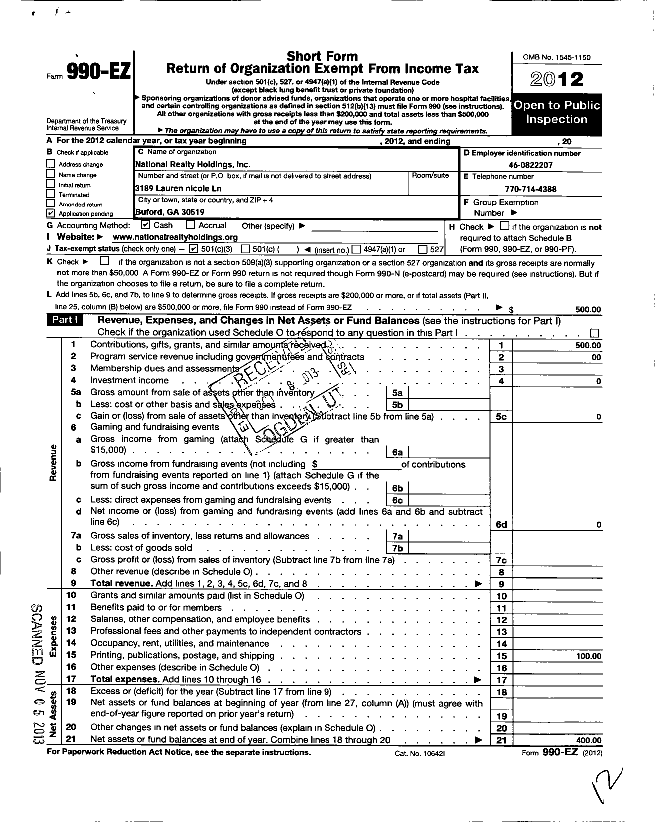 Image of first page of 2012 Form 990EZ for National Realty Holdings