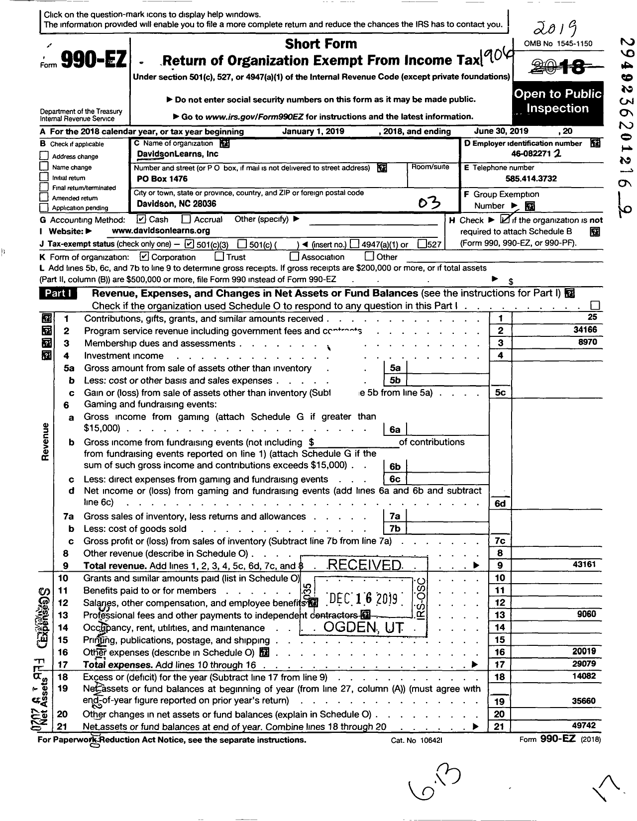 Image of first page of 2018 Form 990EZ for Davidsonlearns