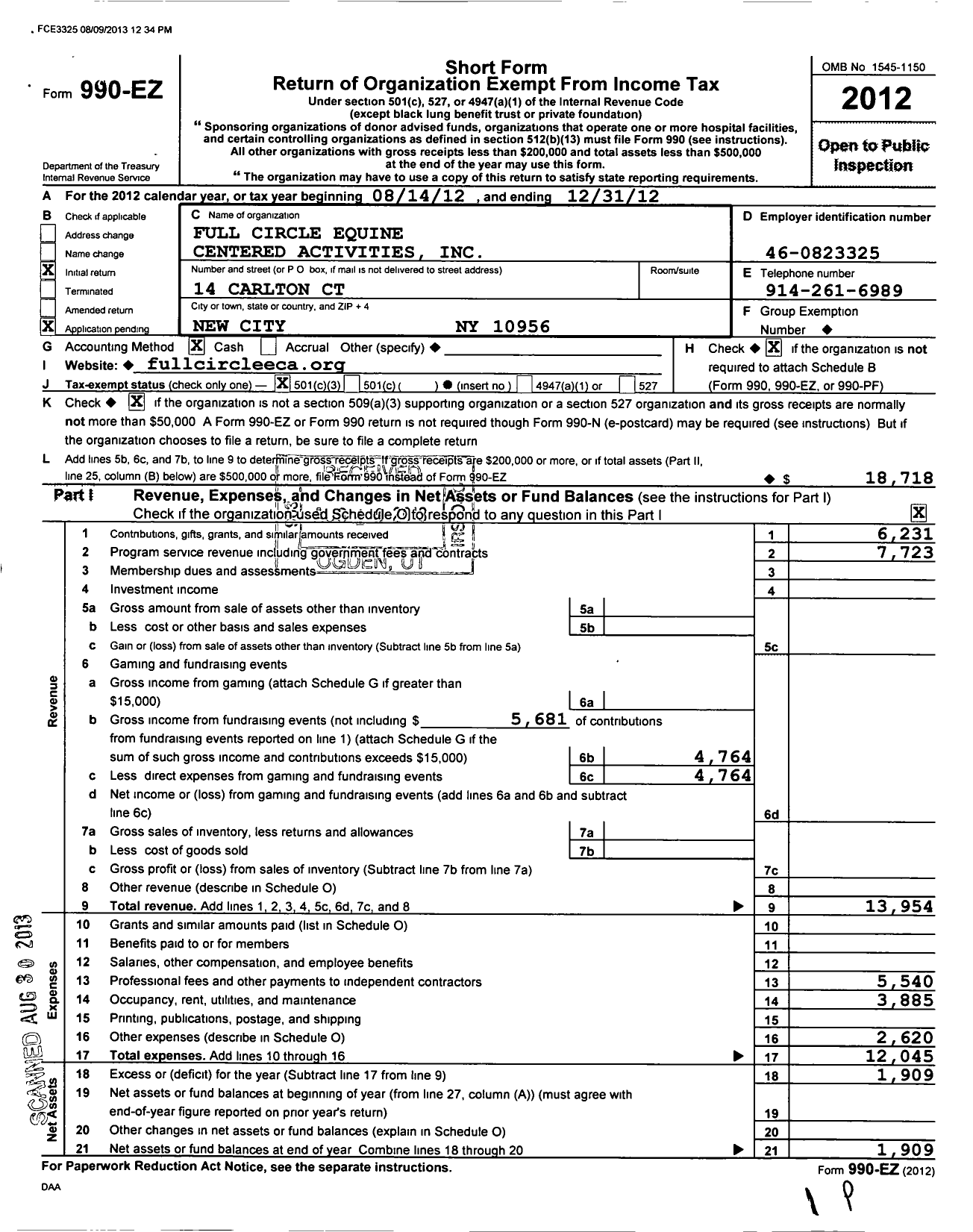 Image of first page of 2012 Form 990EZ for Full Circle Equine Centered Activities