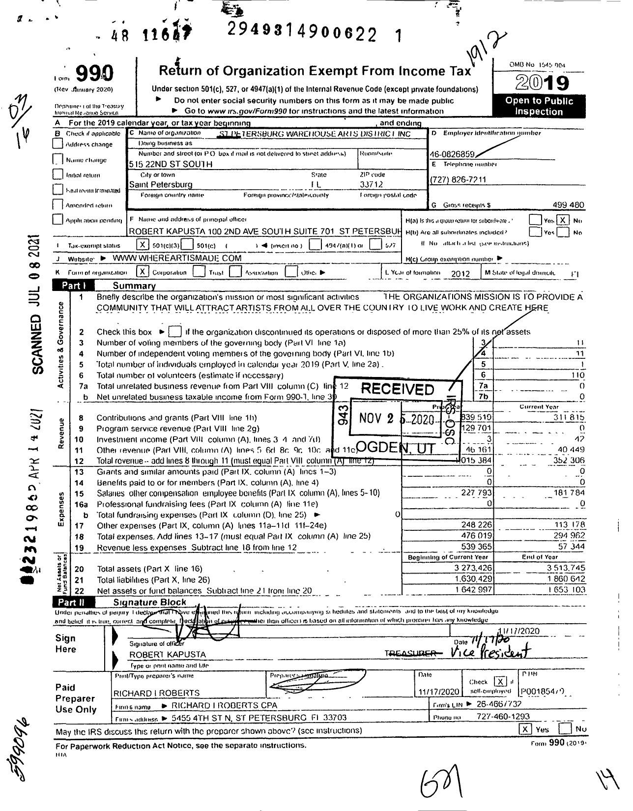 Image of first page of 2019 Form 990 for St Petersburg Warehouse Arts District