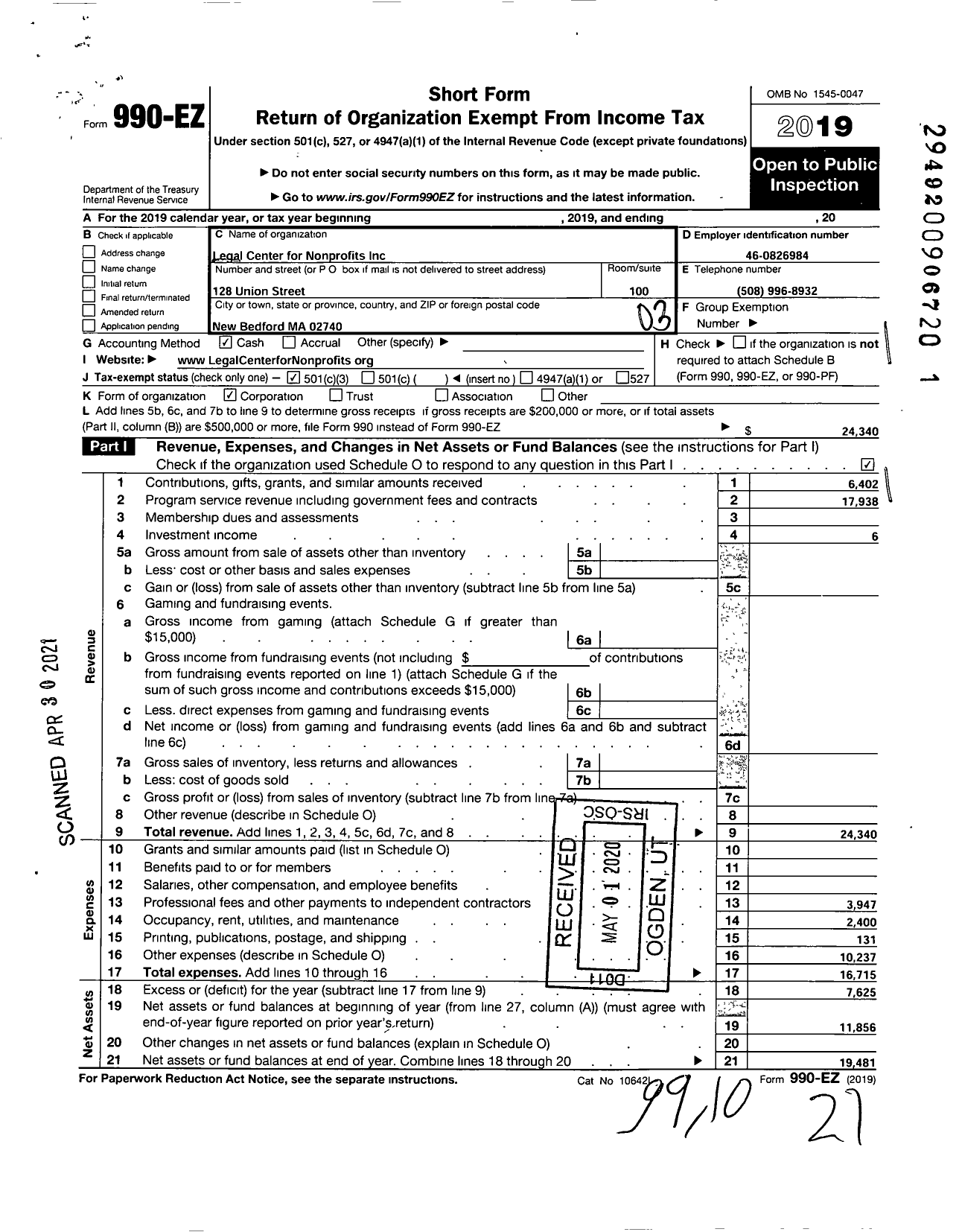 Image of first page of 2019 Form 990EZ for Legal Center for Nonprofits