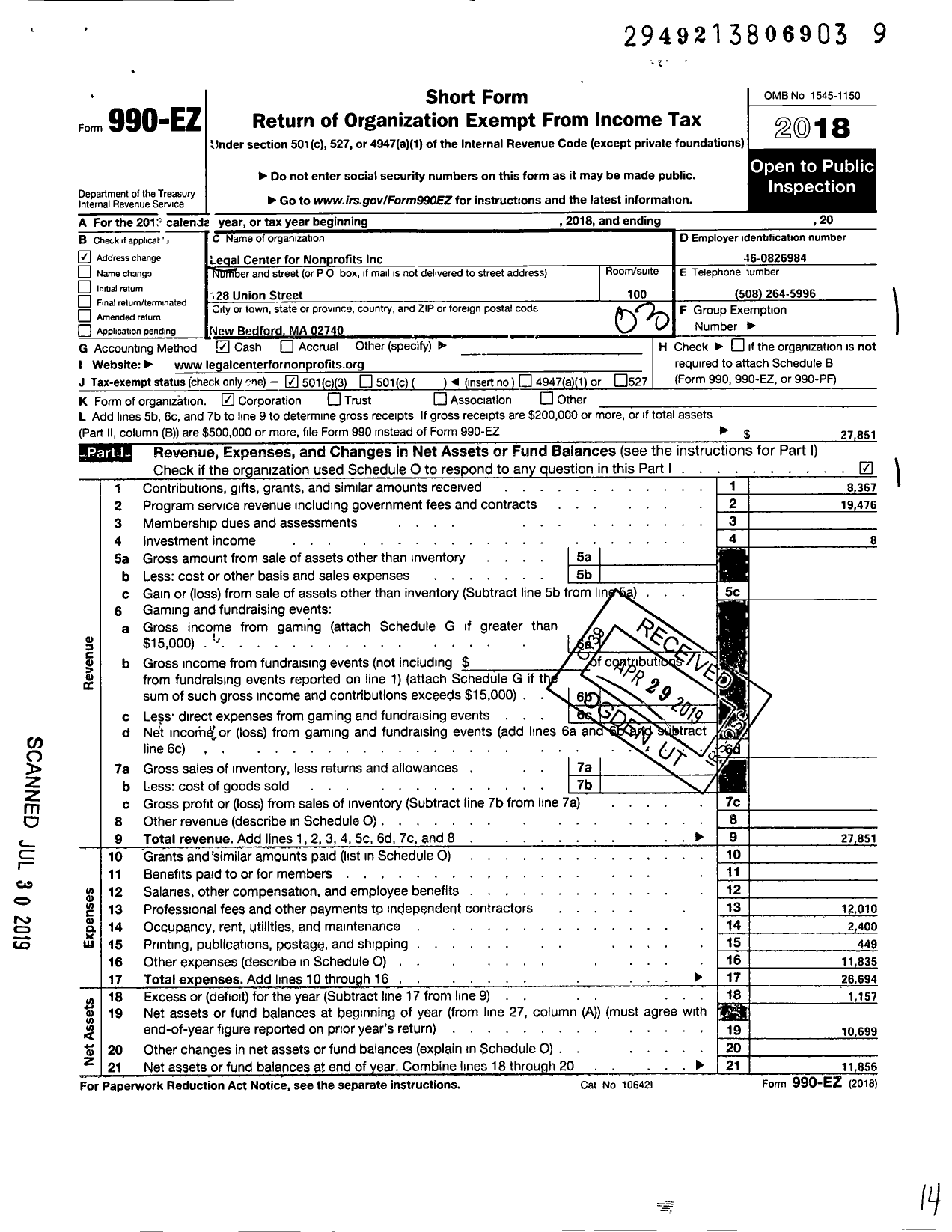 Image of first page of 2018 Form 990EZ for Legal Center for Nonprofits