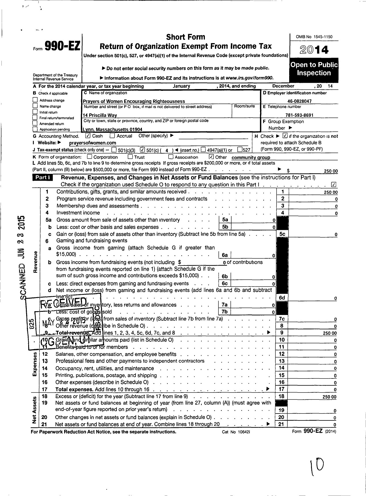 Image of first page of 2014 Form 990EO for Prayers of Women Encouraging Righteousness