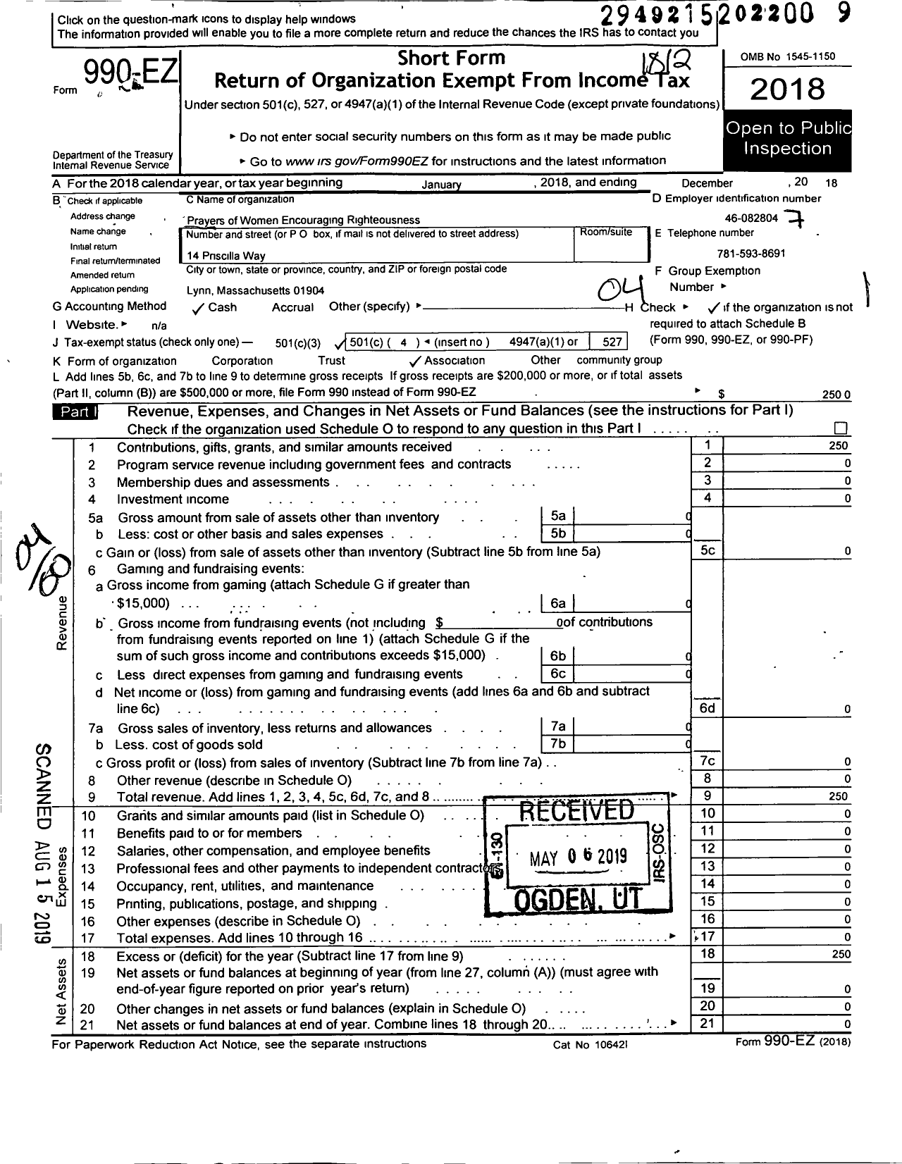 Image of first page of 2018 Form 990EO for Prayers of Women Encouraging Righteousness