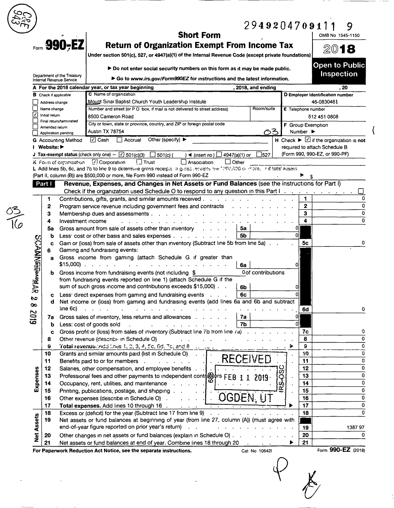 Image of first page of 2018 Form 990EZ for Mount Sinai Baptist Church Youth Leadership Institute (MSBC YLI)