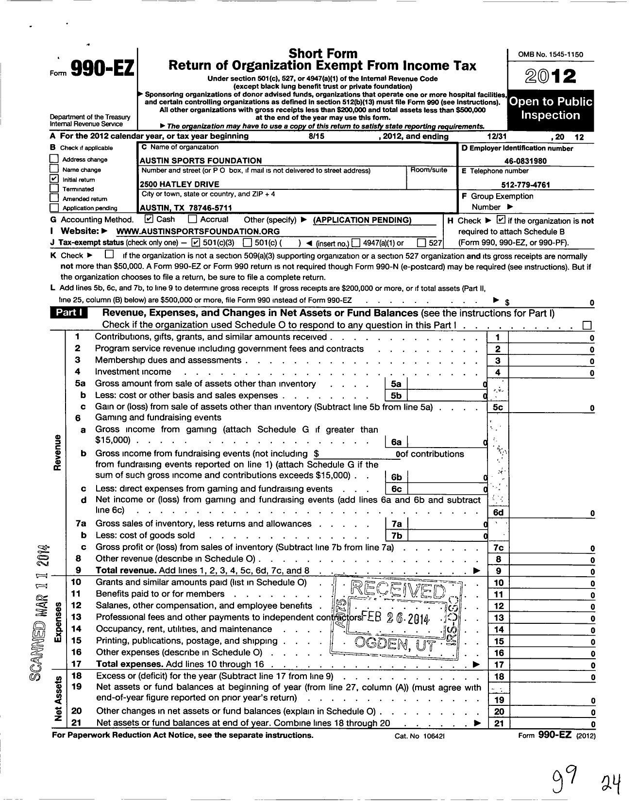 Image of first page of 2012 Form 990EZ for Austin Sports Foundation