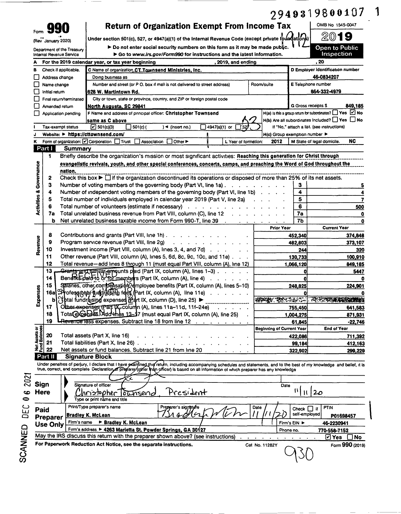 Image of first page of 2019 Form 990 for CT Townsend Ministries