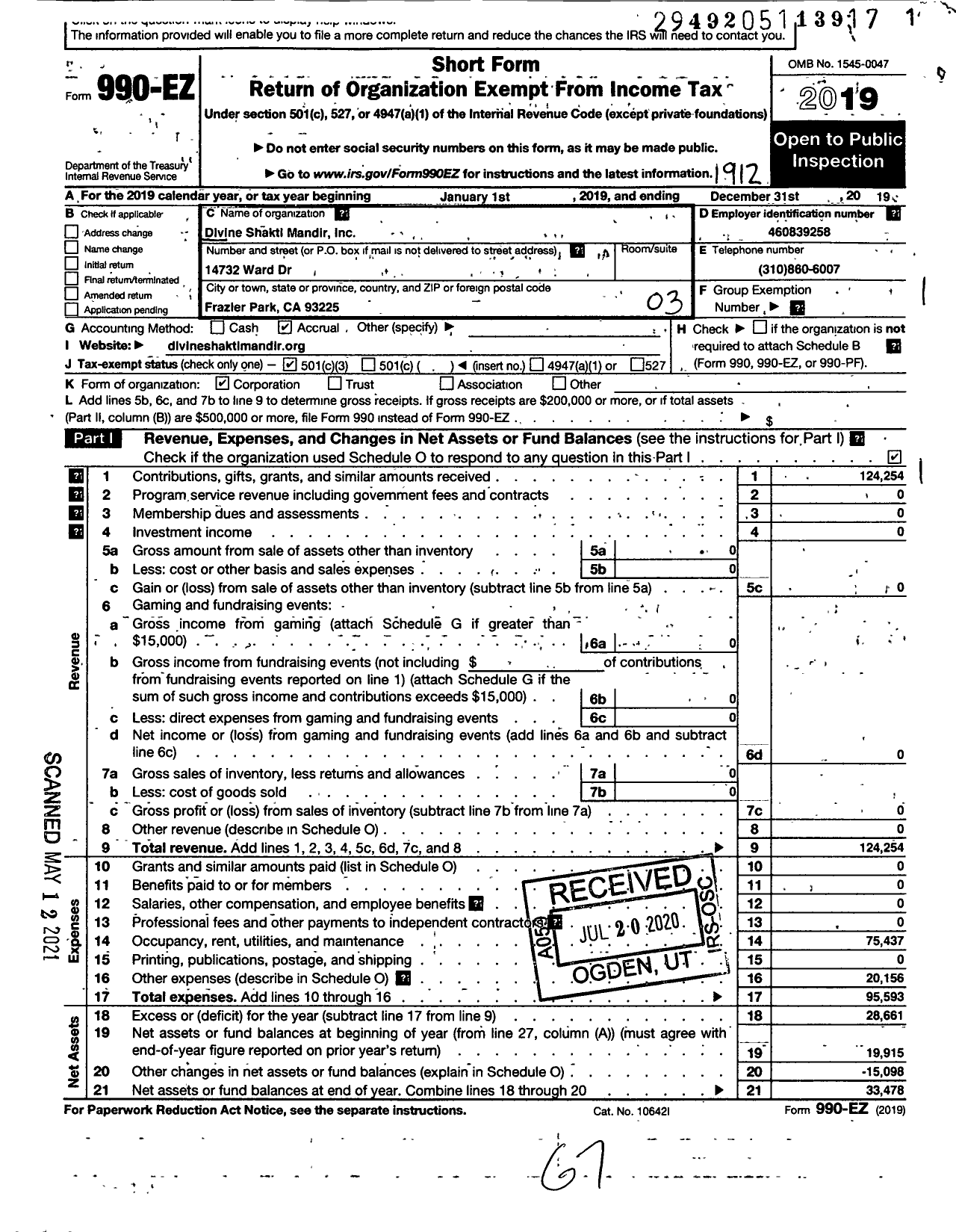 Image of first page of 2019 Form 990EZ for Divine Shakti Mandir