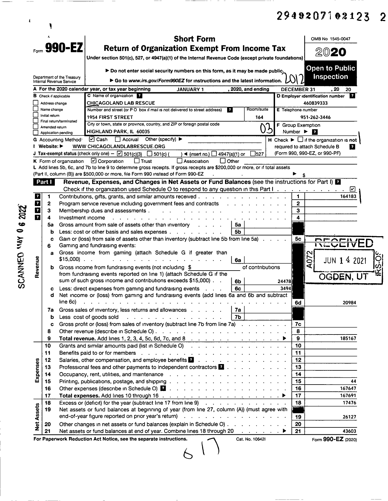 Image of first page of 2020 Form 990EZ for Chicagoland Lab Rescue