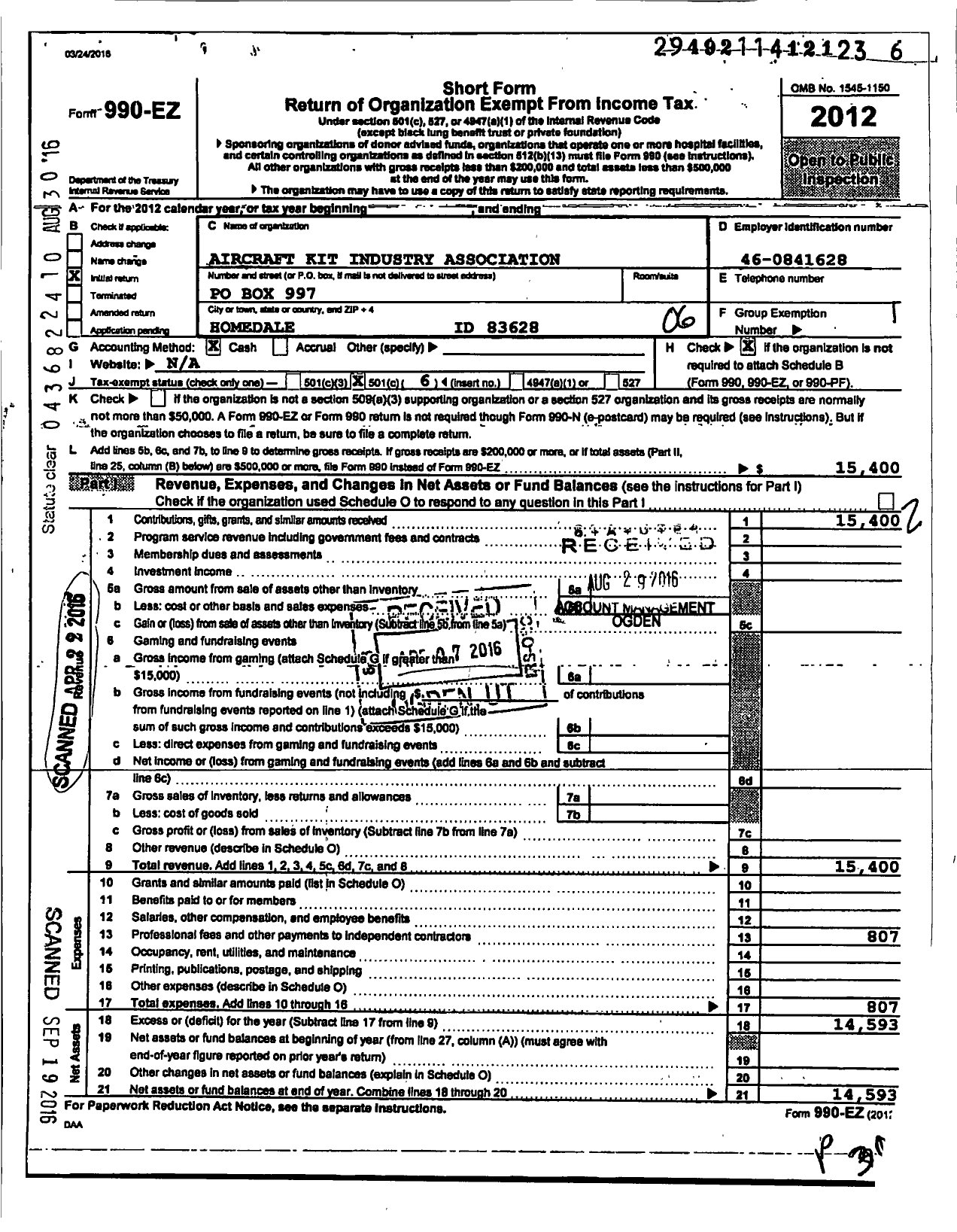 Image of first page of 2012 Form 990EO for Aircraft Kit Industry Association