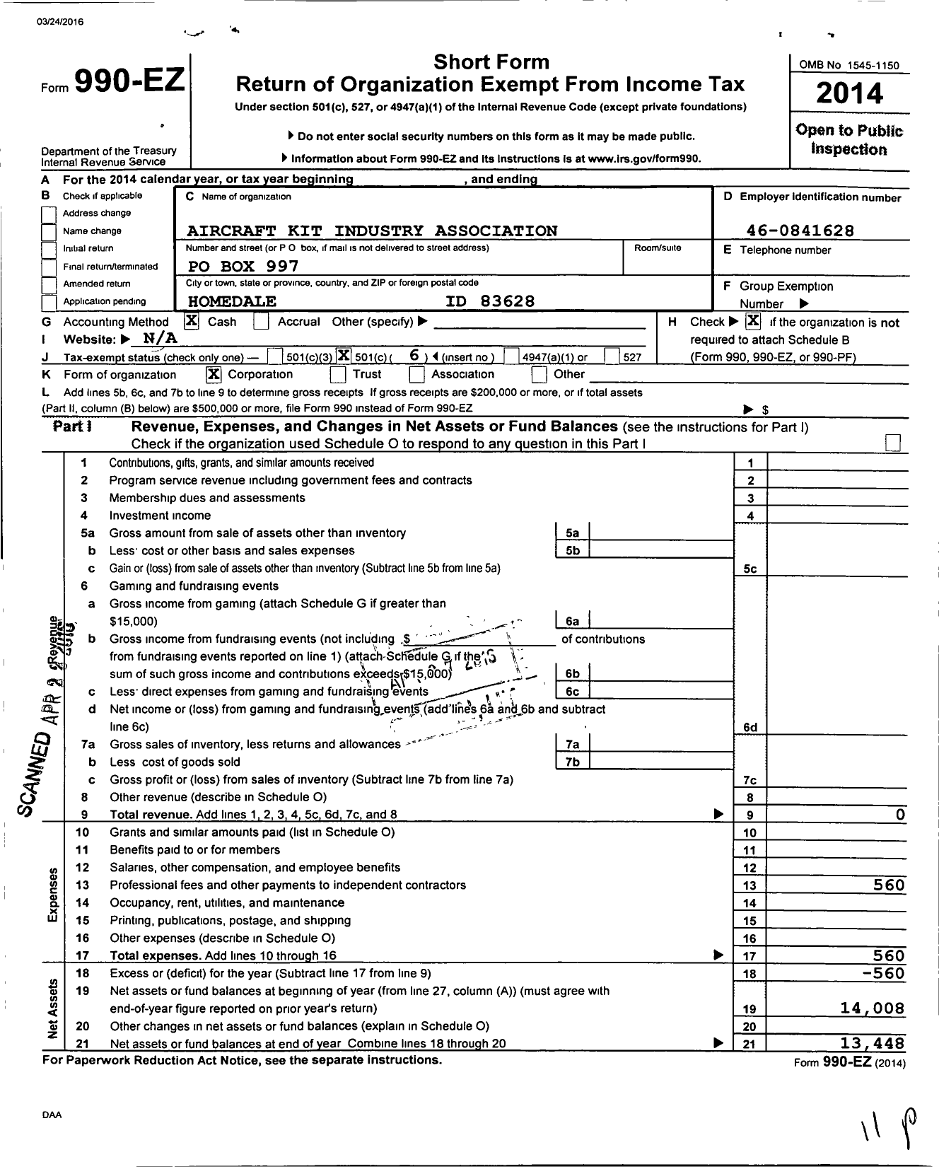 Image of first page of 2014 Form 990EO for Aircraft Kit Industry Association