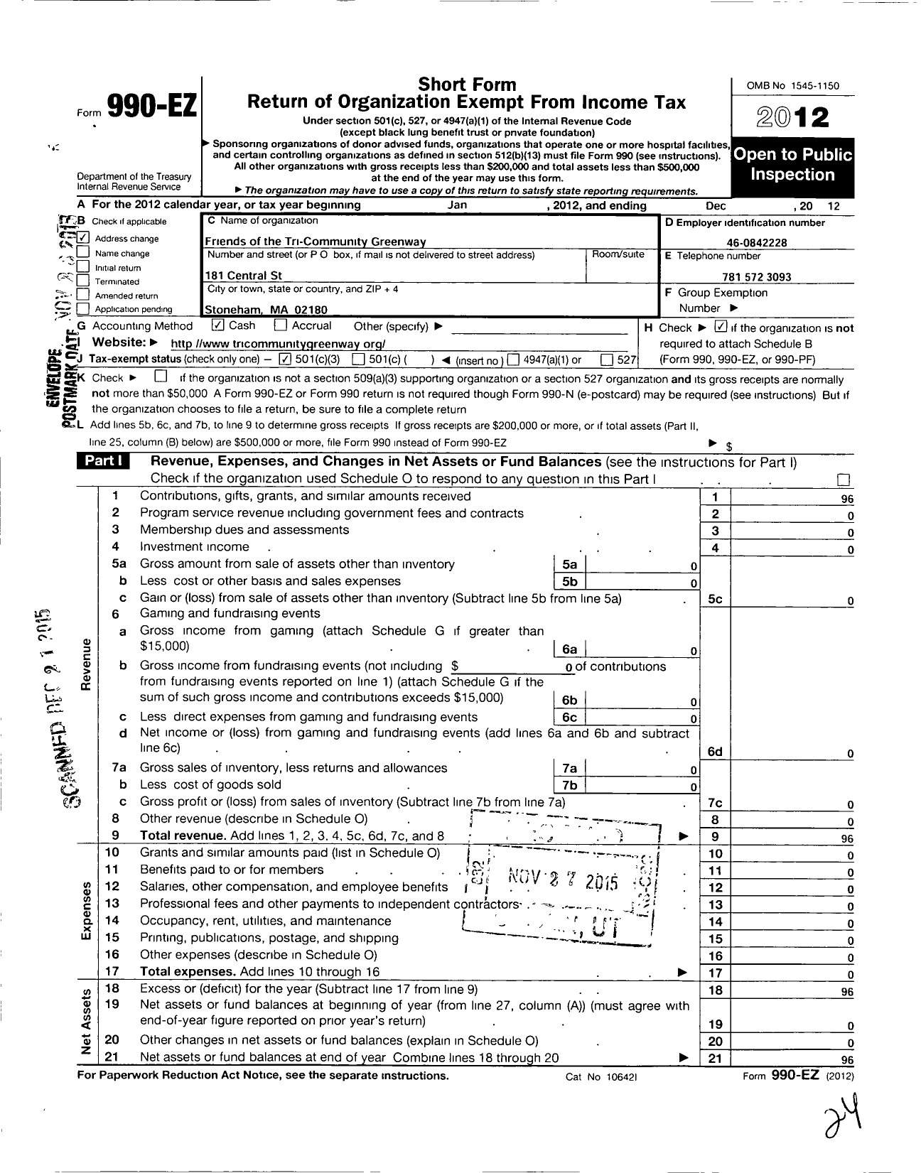 Image of first page of 2012 Form 990EZ for Friends of the Tri-Community Greenway