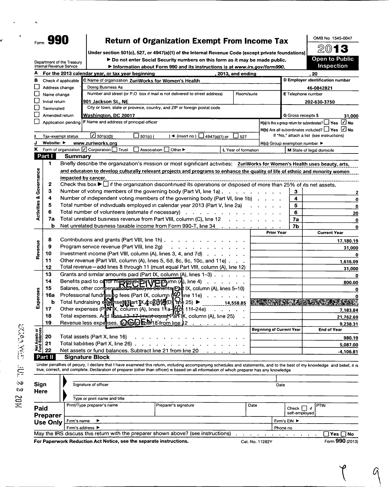 Image of first page of 2013 Form 990 for Zuriworks Story Works