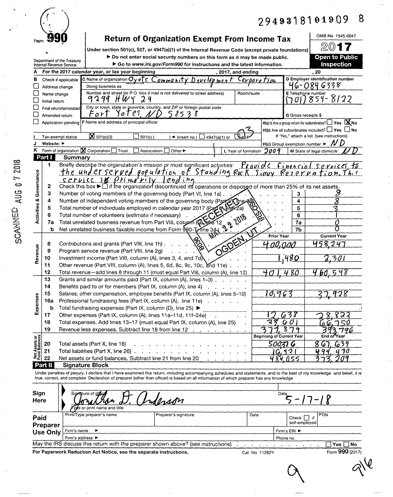 Image of first page of 2017 Form 990 for Oyate Community Development Corporation