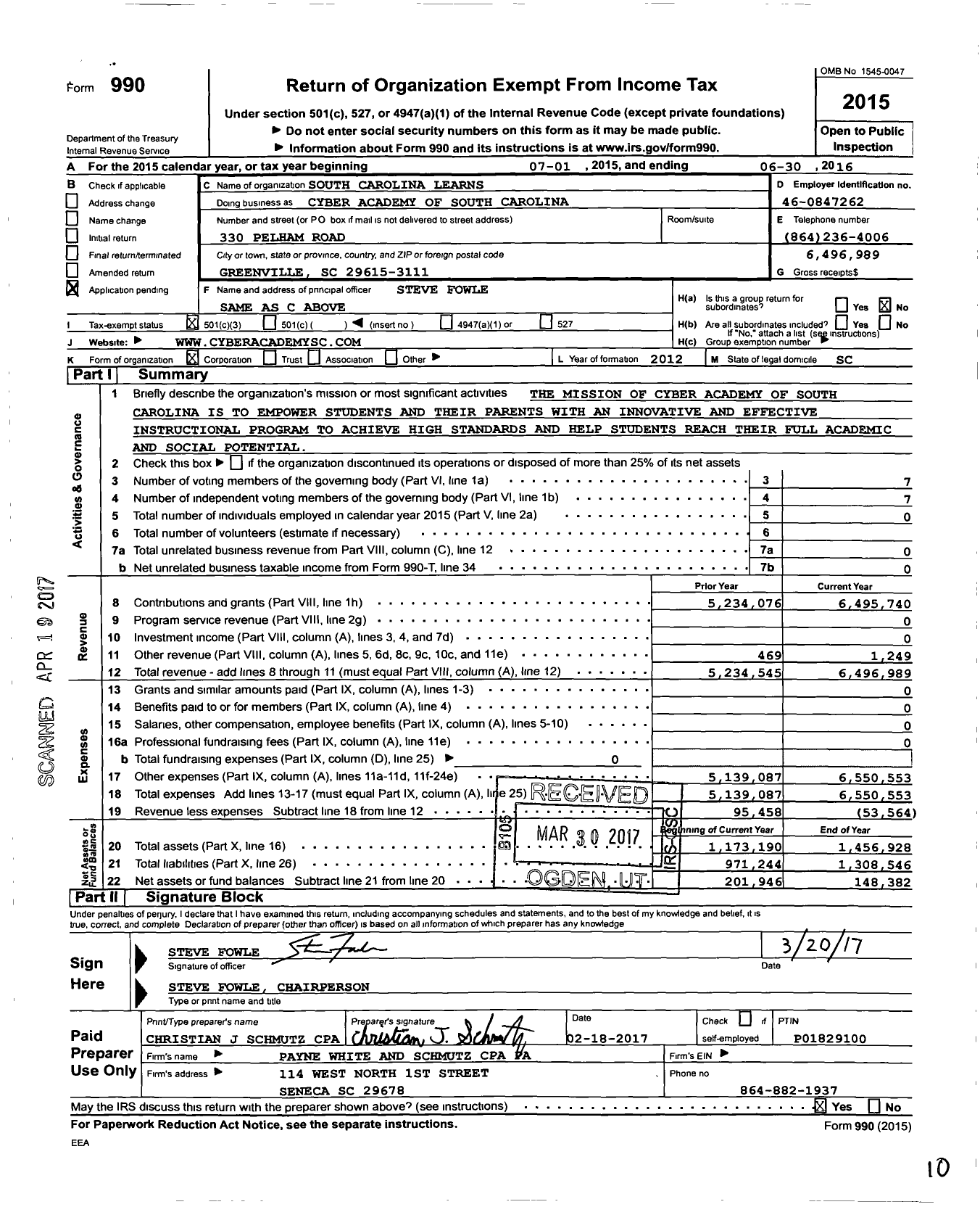 Image of first page of 2015 Form 990 for Cyber Academy of South Carolin