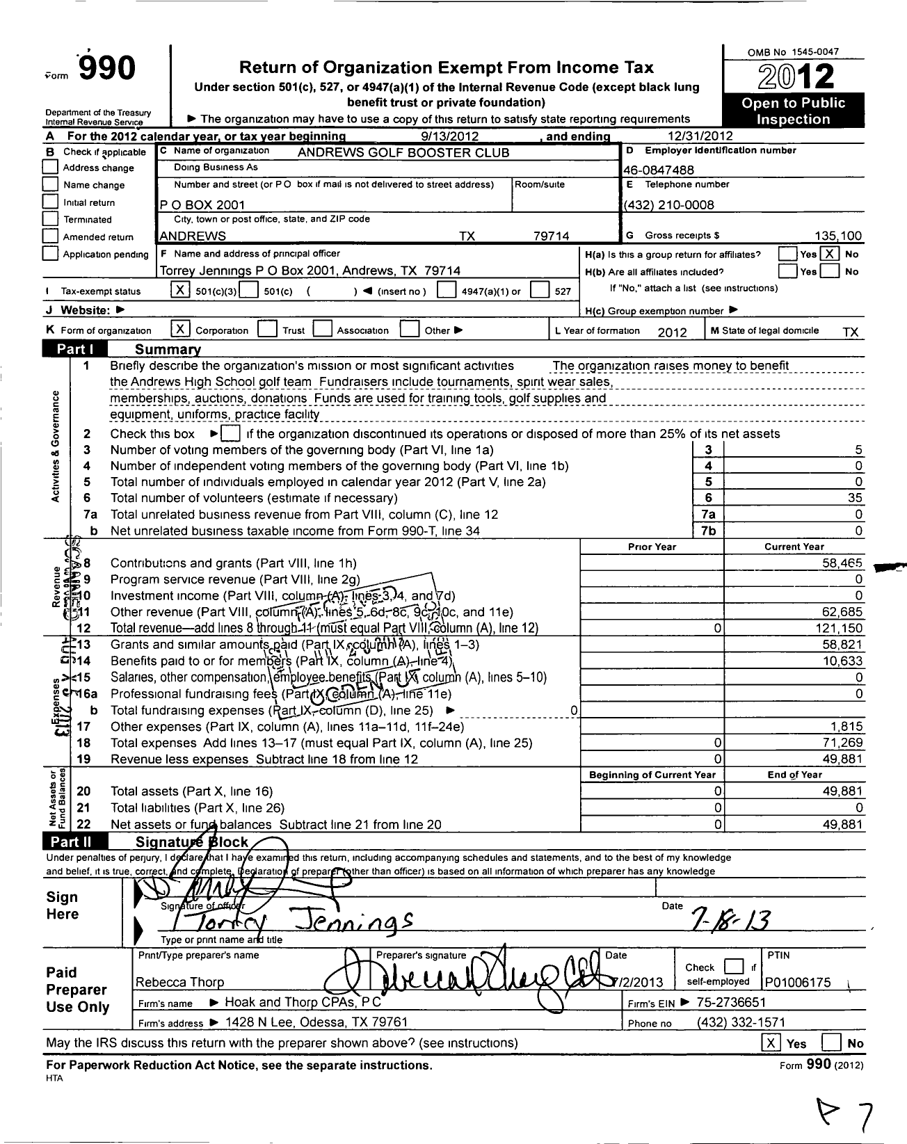 Image of first page of 2012 Form 990 for Andrews Golf Booster Club