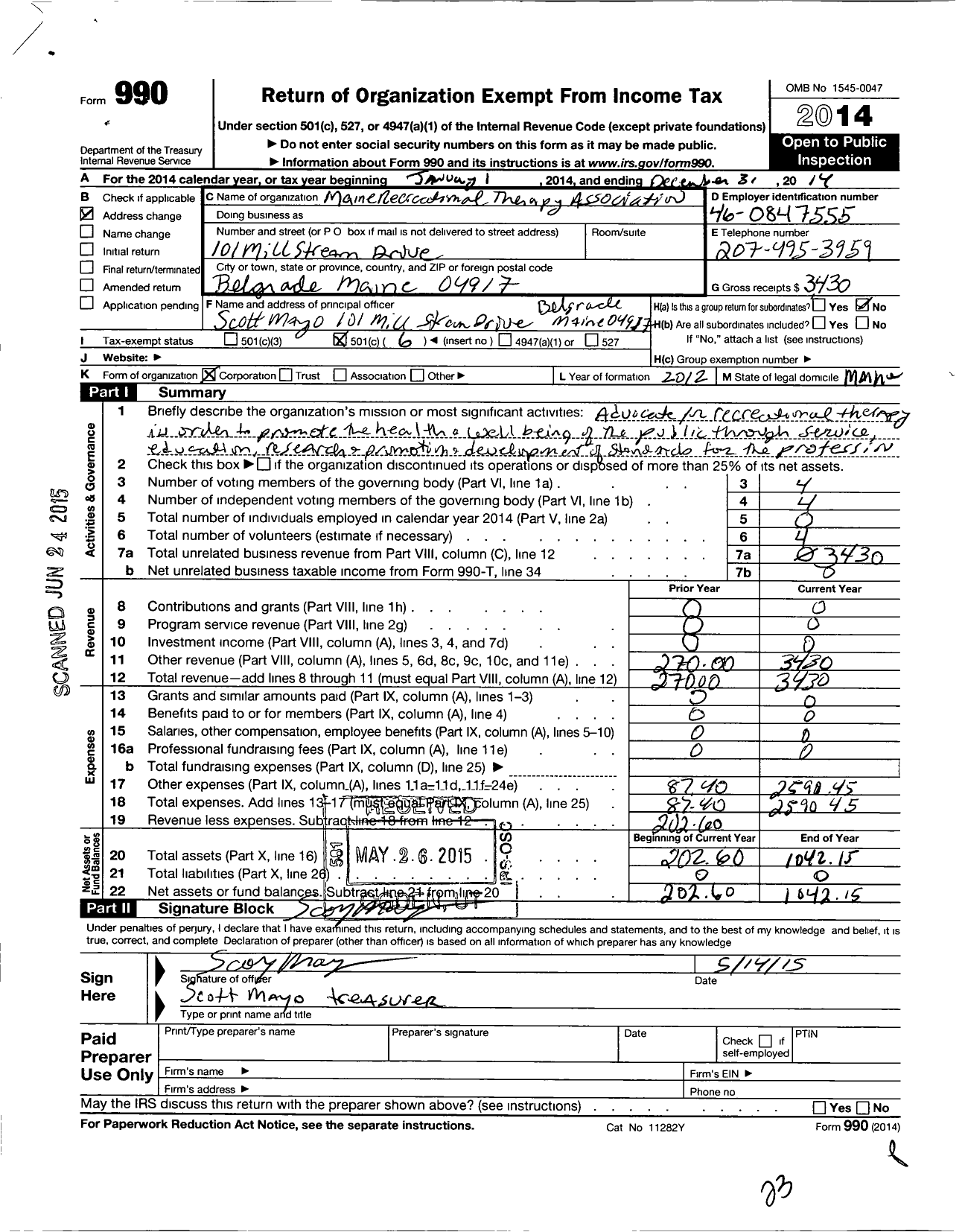 Image of first page of 2014 Form 990O for Maine Recreational Therapy Association