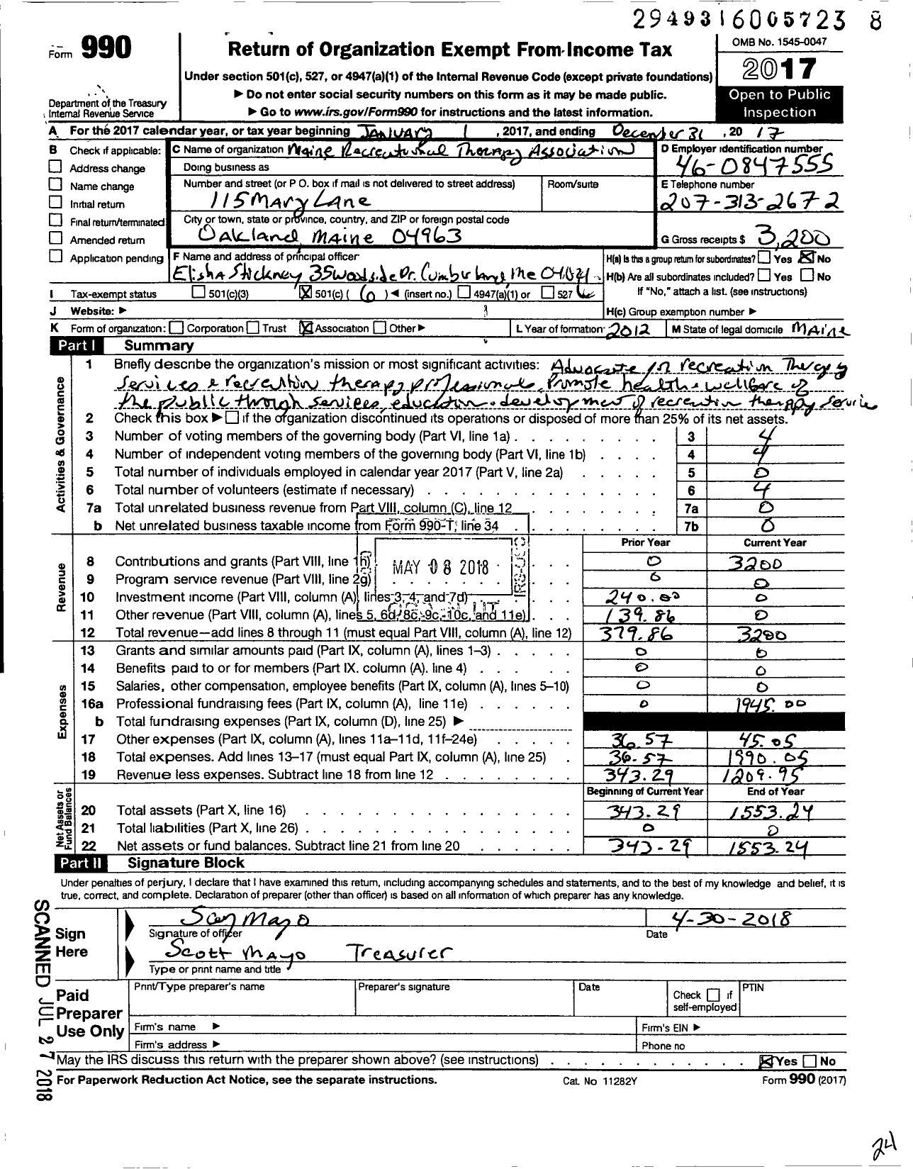 Image of first page of 2017 Form 990O for Maine Recreational Therapy Association