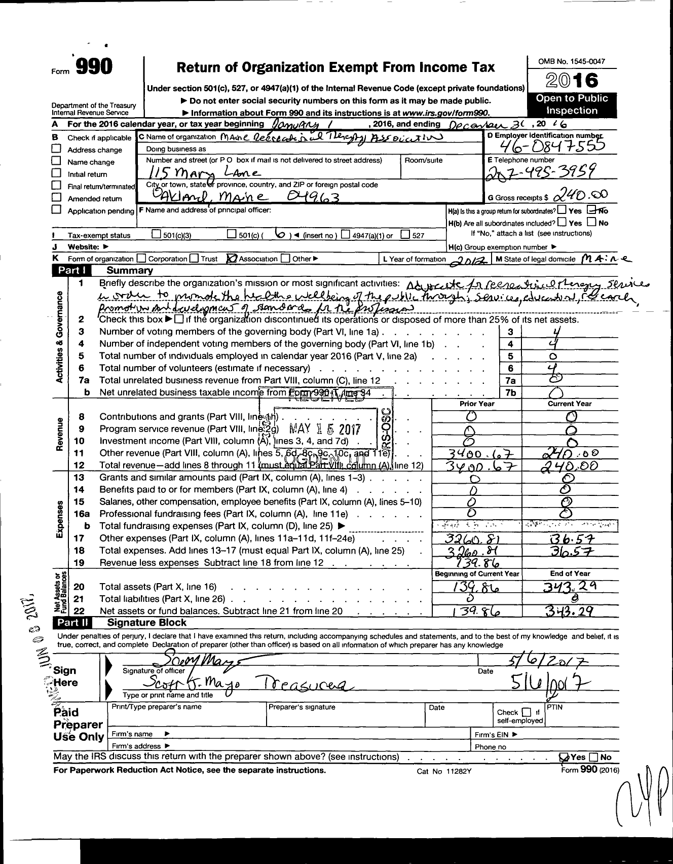 Image of first page of 2016 Form 990O for Maine Recreational Therapy Association