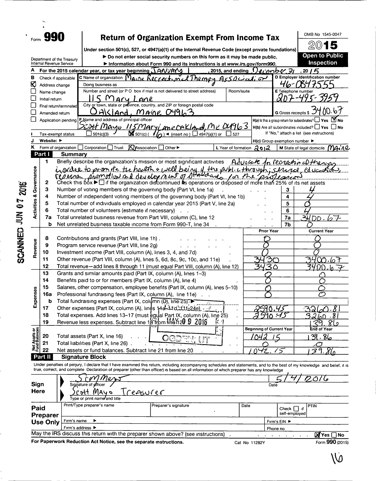 Image of first page of 2015 Form 990O for Maine Recreational Therapy Association