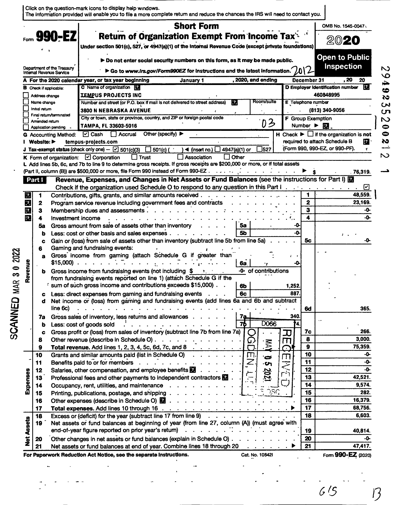 Image of first page of 2020 Form 990EZ for Tempus Projects