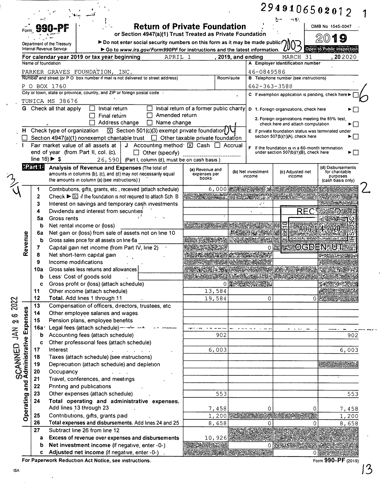 Image of first page of 2019 Form 990PF for Parker Graves Foundation