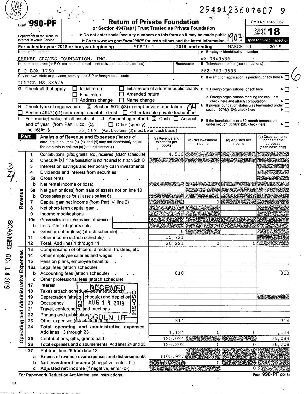 Image of first page of 2018 Form 990PF for Parker Graves Foundation