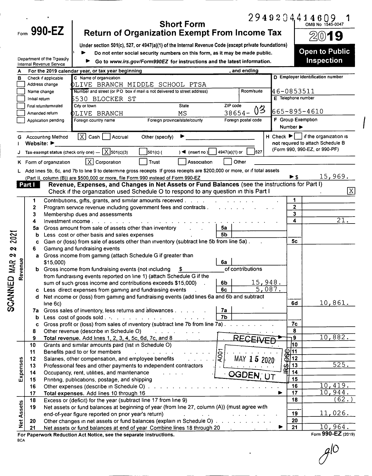 Image of first page of 2019 Form 990EZ for Olive Branch Middle School Ptsa